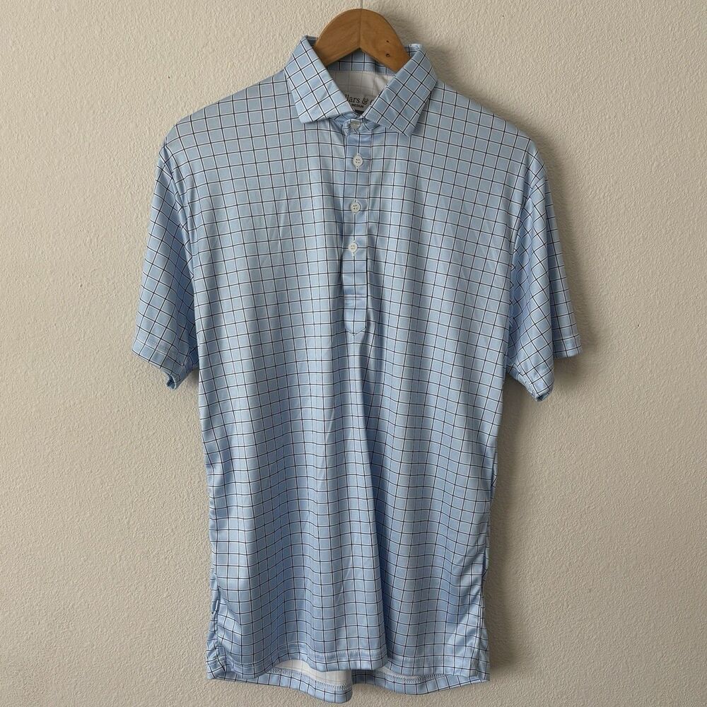 Collars & Co. Dress Collar Golf Polo Shirt Men's M Light Blue Grid Check Casual